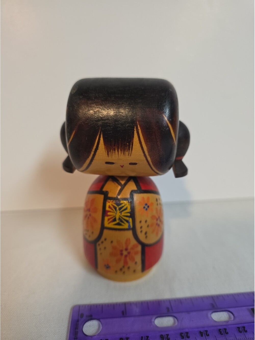 Vintage Japanese Sosaku Kokeshi Wooden Doll Cute Pigtails Floral Red Kimono 5"